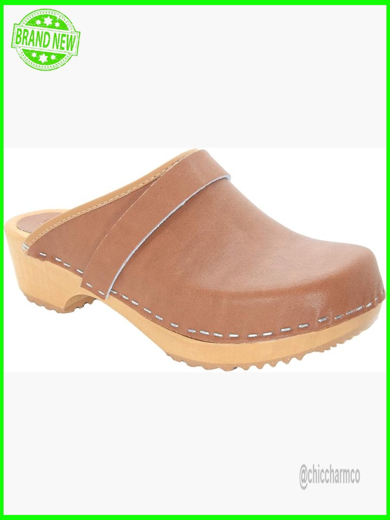 Handcrafted Wood Open Back Leather Clogs Size 37 Eu